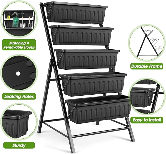 Suyncll Vertical Raised Garden Bed Planter Box5 Tiers Vertical Garden Planter with Drainage System&amp4 Hooks for Herb Vegetables Flowers