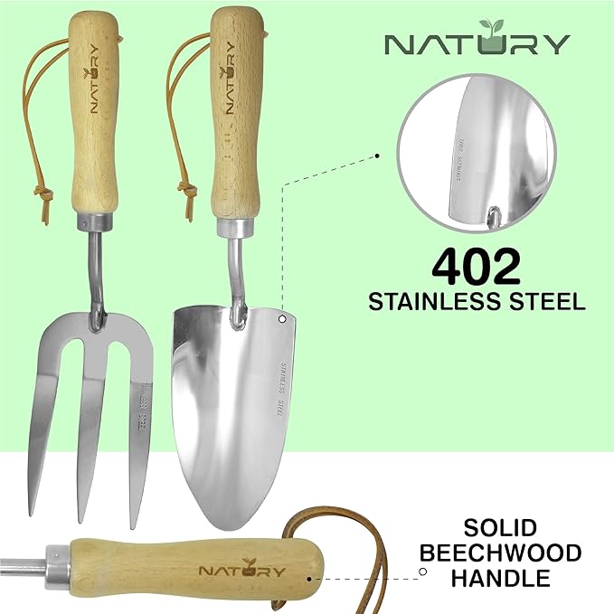 Garden Tools Set – Premium Stainless Steel Gardening Hand Tools with Solid Beechwood Handle – Gardening Kit with Rake Shovel Gloves Shears Tool Organizer – Garden Gifts for Women and Men