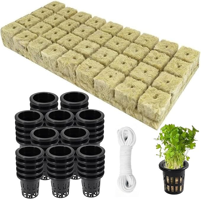 Rockwool Cubes for Hydroponics with Net Pots hydroponics Growing System Including 36 Plugs 36 Net Cups and 10m Self Watering Cotton Wick Cord for Supplies..