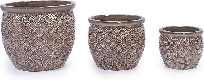 Handmade Glazed Ceramic Planter Set of 3 15139 Inch Diameter Ring Pattern for Monstera and Fiddle Leaf Fig Outdoor G Indoor Staircase Use Breathable Clay Beige