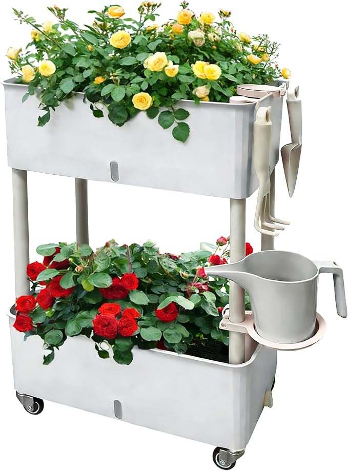 MNKXL Self-Watering Raised Planter Box with Lockable Wheels2-Tier Elevated Garden Bed with Visible Water Level WindowIndoor Outdoor Plastic Plant Box for FlowersVegetables &amp Herbs