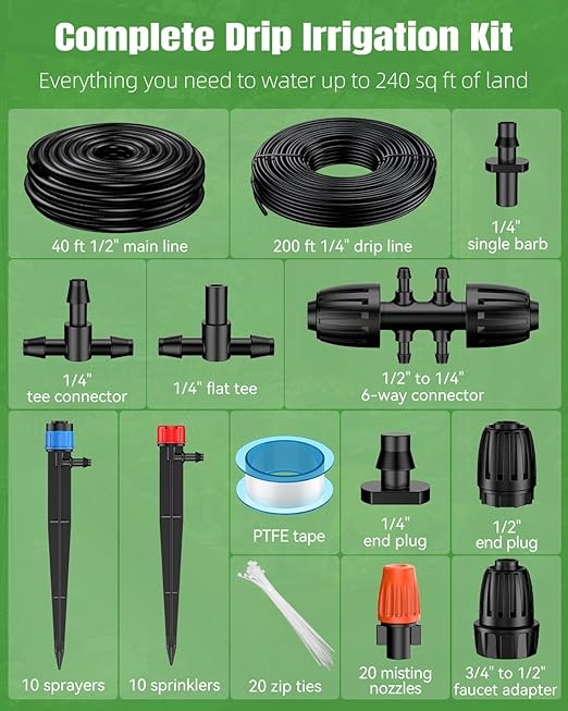 Pawfly Drip Irrigation System for Garden 240FT Drip Irrigation Kit with 1/2 &amp 1/4 Tubing Adjustable Emitters Fittings and Accessories Garden Watering System for Garden Greenhouse Lawn Yard