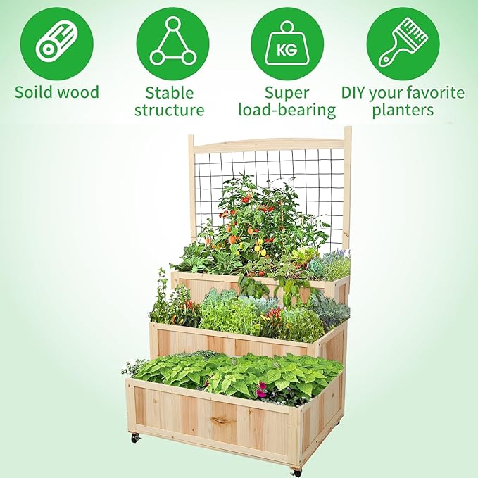 3-Tiers Raised Garden Bed with Trellis 53 H Vertical Planter Box with Wheels &amp Back Storage Area for Flowers Vegetables Herbs Natural