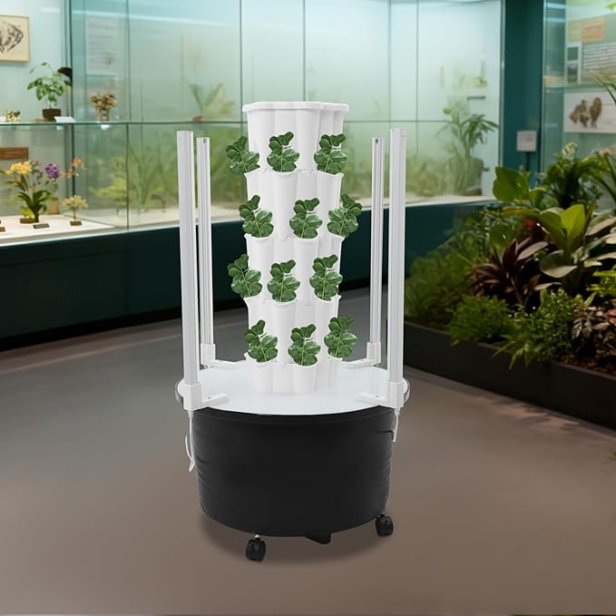 4 Tier Hydroponic Growing Tower with Led Grow Lights Water Pump 24 Planting Pots Vertical Garden Indoor Outdoor Automatic Water Circulation System Locking Wheels for Home Patio Balcony