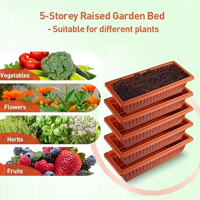 Homdox 2 Pack Elevated Garden Bed 5-Tier Freestanding Vertical Raised Bed for Gardening 5 Garden Planter Boxes and 5 Hooks Perfect to Grow Vegetables Herbs Flowers Outdoor Indoor Brick Red