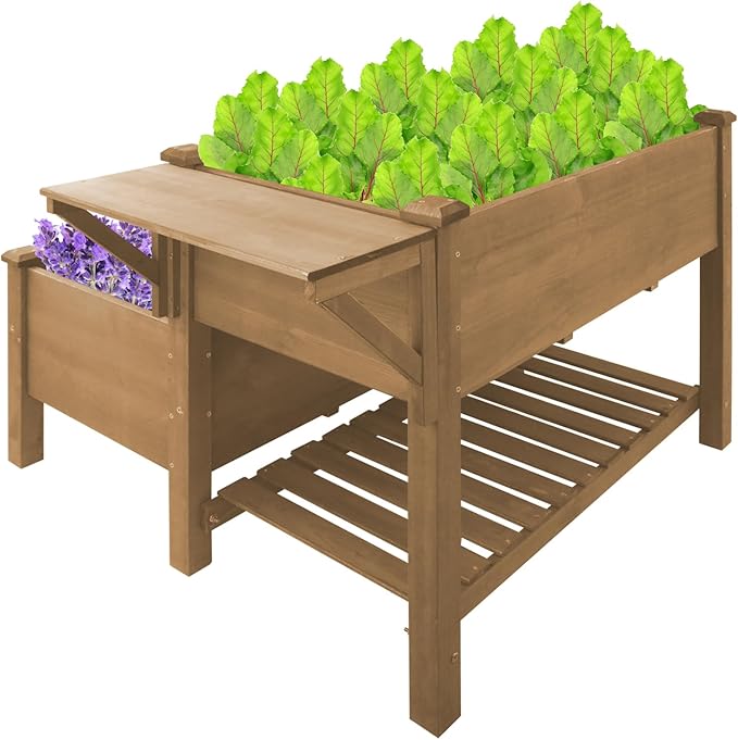 2-Tier Raised Garden Bed with Legs Outdoor Elevated Garden BoxStorage ShelfProtective Liner for BackyardPatioBalcony55x42x30in (Brown)