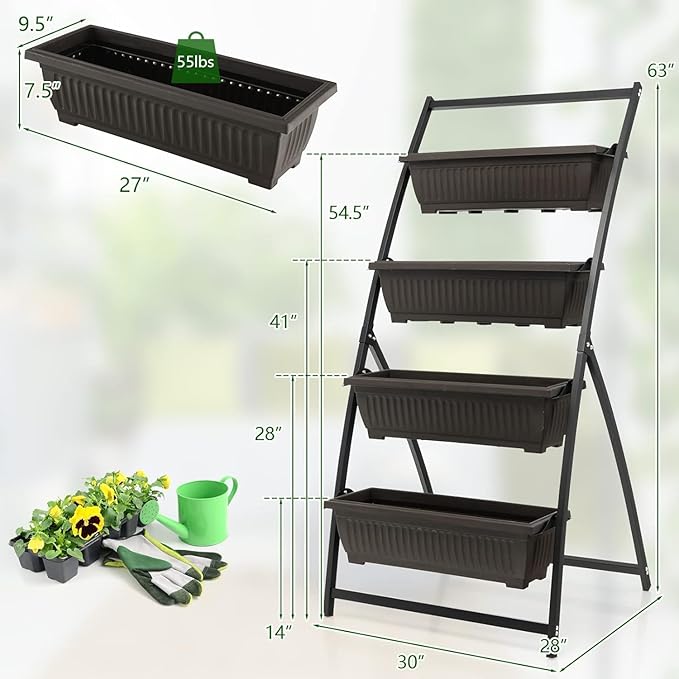 5.2 FT Vertical Raised Garden Bed Metal Standing Planter w/ 4 Drainage Holes and 4 Container Planter Boxes Elevated Garden Bed for Vegetables Flowers Herbs on Balcony Patio Backyard