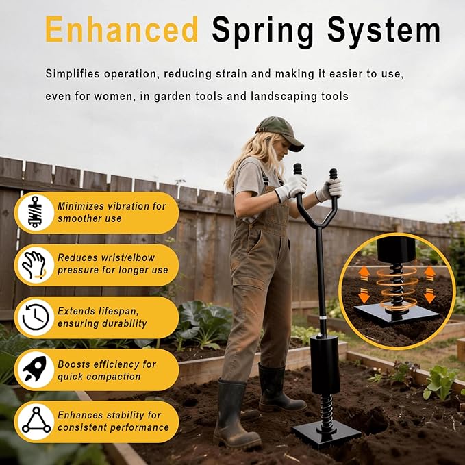 Spring Loaded Tamper Tool Heavy Duty Tamper for Garden &amp Landscaping Tools 8 x 8 Steel Base Fillable Weight Tube Shock Absorbing Spring for Soil Sand &amp Gravel