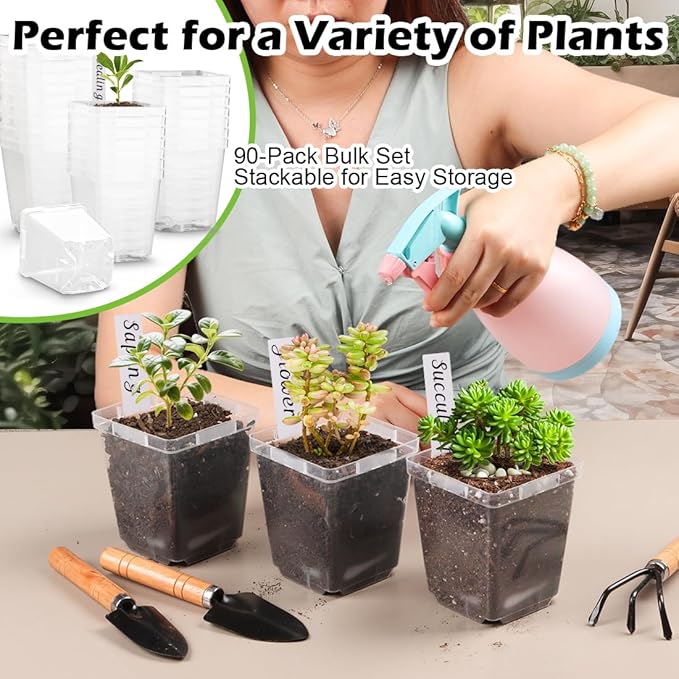 3.3 Inch Clear Nursery Pots with Drainage90 Pack Square Seedling Pots with Plant LablesReusable Seed Starter Pots for Succulents Transplanting Herbs Flowers Tomato Windowsill Gardening