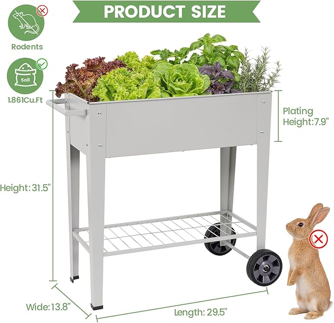 Tall Raised Garden Bed Outdoor with Wheels Metal Elevated Raised Planter Box with Drainage Holes for Vegetables Flower Herbs(Grey)