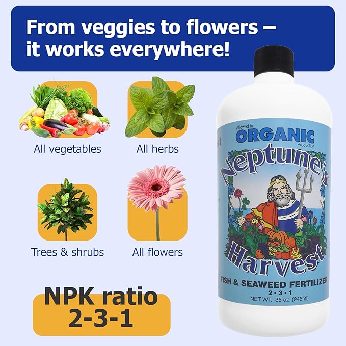 Neptune's Harvest Fish &amp Seaweed Liquid Fertilizer (2-3-1) - 36oz Bottle - Plant Food for Garden - Indoor &amp Outdoor Organic Plant Fertilizer for Vegetables Flowers Fruit Trees &amp Lawns