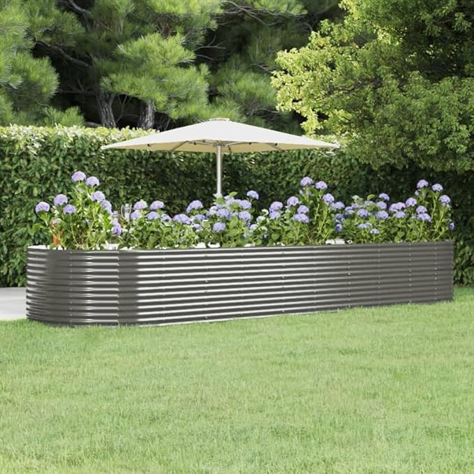 vidaXL Garden Raised Bed - Durable Powder-Coated Steel in Gray - 176x55.1x26.8 - - &amp Weatherproof for Outdoor Use - Spacious for Flowers Vegetables Herbs - Oval Shape