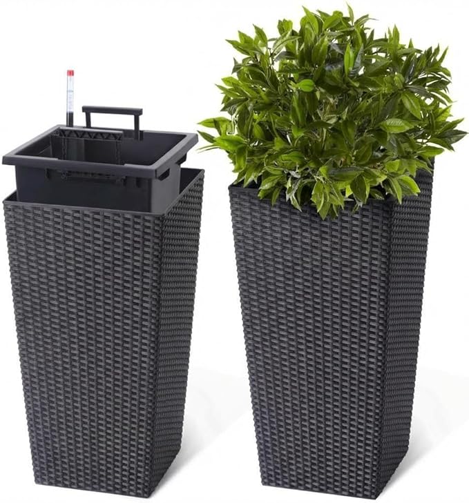 IDEALHOUSE 22.4 in Large Self-Watering Planters Set of 2 Tall Rattan Indoor Outdoor Planter Pots with Water Level Monitor Drainage Holes Inner Bucket &amp Hidden Pulley for Home Patio Balcony Bla
