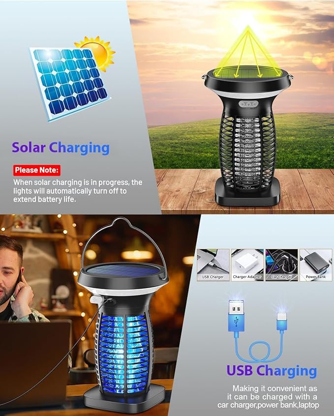 Solar Bug Zapper Outdoor Waterproof Portable &amp Rechargeable Bug Zapper with Panel Sensor &amp LED Night Light Mosquitoes Zapper Electric Fly Zapper for Home Patio Backyard Camping