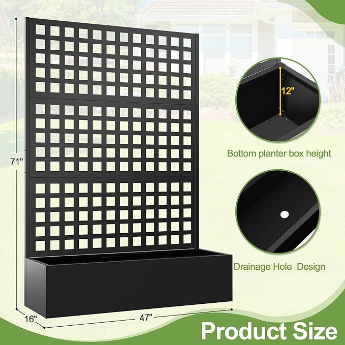Metal Raised Garden Bed Trellis Planters Bed with Drainage Holes for Climbing Plants Vegetables Outdoor Privacy Screen with Planter Box 73x47x16 Black