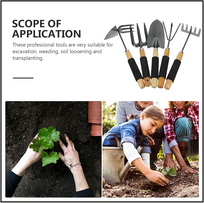 5pcs Gardening Tool Set with Garden Shovels and Five-Tine Rake for Planting Cultivating and Soil Loosening – Sturdy Hand Tools Kit for Outdoor Garden and Lawn Care Use
