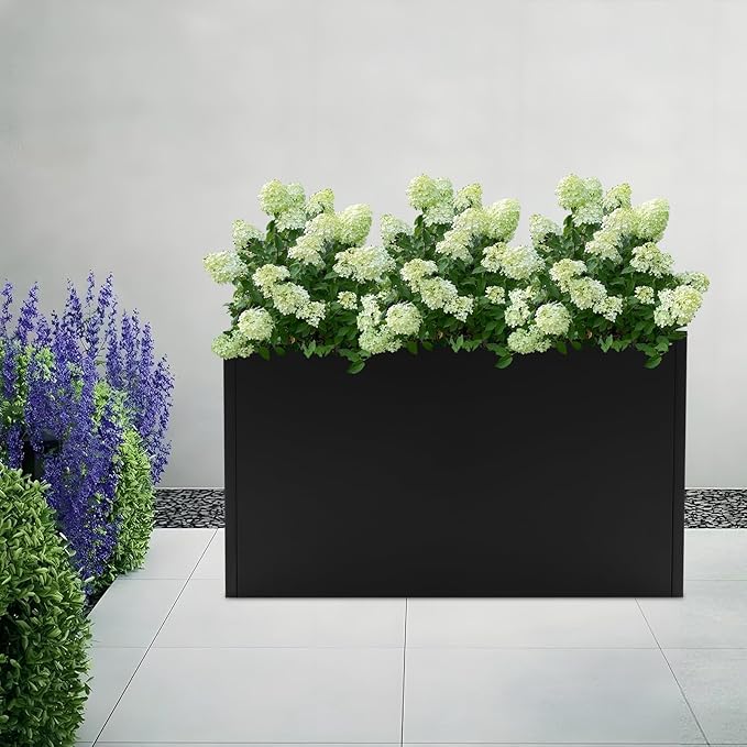 Metal Planter Box Outdoor Raised Garden Bed Steel Planter Box with Detachable Insert Shelf Metal Garden Box with Drainage Hole for Patio Deck Backyard Garden (Black)