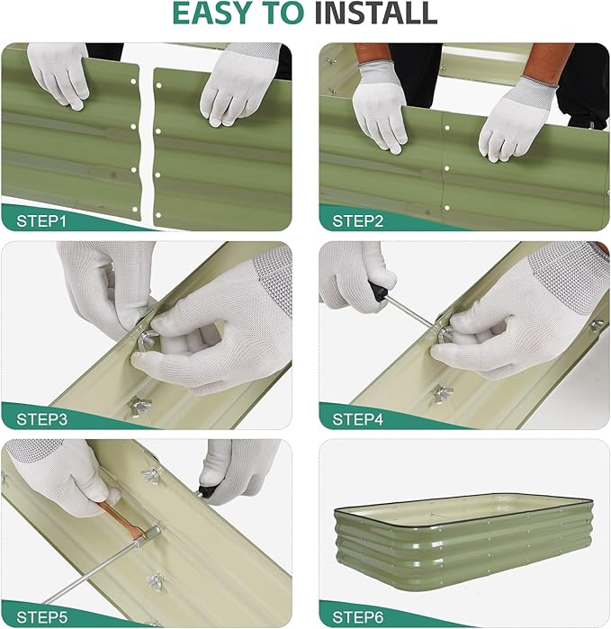 4 in 1Galvanized Raised Garden Bed - 5x3x1ft Modular Garden Planter Bed Outdoor | Steel Raised Bed Kit with Bracing Rods Gloves for Gardening Vegetables Fruits and Flowers (Green)