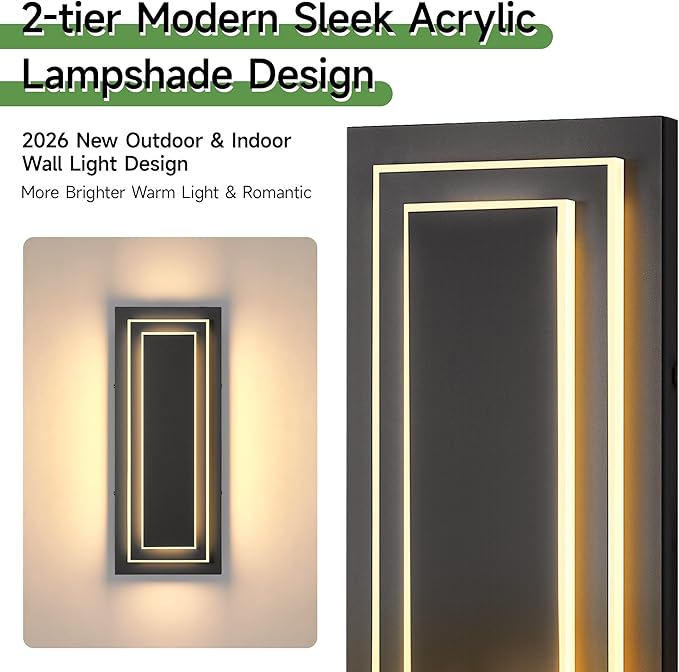 2-Tier Outdoor Front Porch Light FixturesModern Black Outdoor Wall Sconce15.7 in Waterproof Led Exterior Lights Outside Wall Lights for HouseGarage Patio with 24W 3000K Warm White 1 Pack