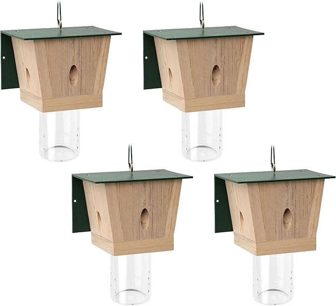 Carpenter Bee Trap for Outside - Green Pentroof Shed Style Nature Hanging Wood Carpenter Bee Traps Outdoor - Best Bee Trap - Insect Traps with Removable Vault (4 Pack)