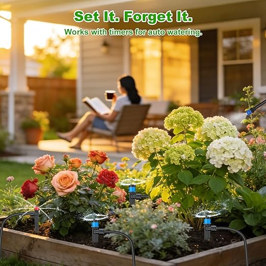 250FT Drip Irrigation System Kit New Quick-Connect Automatic Garden Watering Misting System for Greenhouse Yard Lawn Plant with 5/16 inch Hose 1/4 inch Distribution Tubing and Accessories