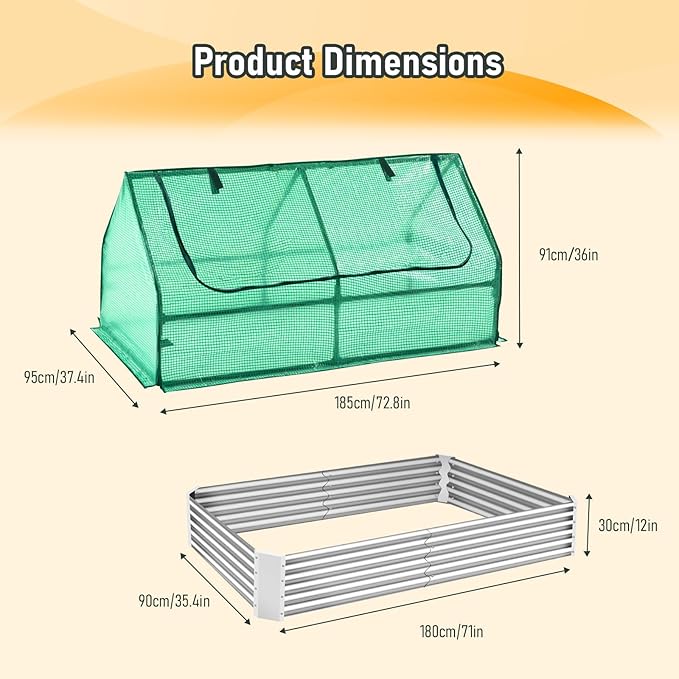 6x3x1 Ft Galvanized Raised Garden Bed with Cover Above Ground Garden with Greenhouse 2 Large Zipper Windows Dual Use Garden Containers for Vegetables Fruit Herbs Flower
