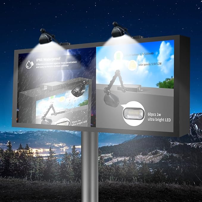 Solar Billboard Light Solar Sign Light 5200 mAh with 60 Super Bright LEDs for Outdoor Signs Advertisement Signs Highway