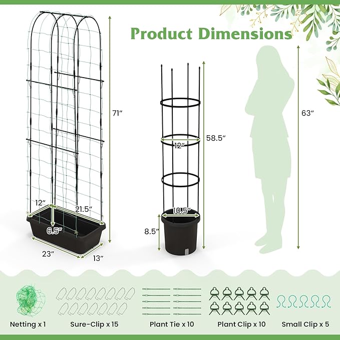 Giantex Set of 2 Raised Garden Bed w/Trellis &amp Plant Cage Planter Box w/ 71” Cucumber Trellis Round Raised Bed w/ 58.5” Tomato Cage PE-Coated Metal Adjustable Height for Climbing Plant