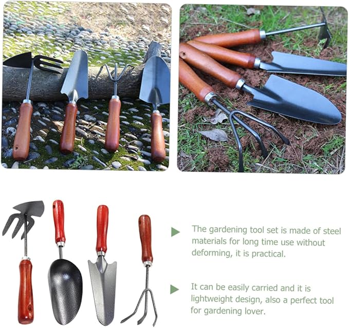 4pcs Garden Tool Set Extended Narrow Spade 3-Prong Rake Dual-use Hoe Soil Scoop for Planting Transplanting and Gardening Tasks