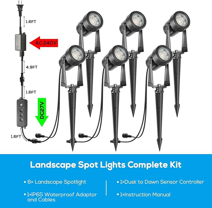 SUNTHIN 6 Pack Landscape Lighting with Dusk to Dawn Sensor Controller Bundle with 2pcs 6.5FT Extension Cord