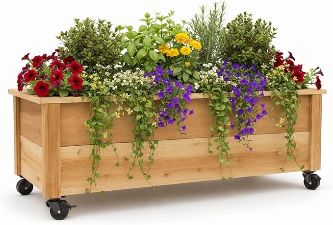 Cedar Raised Garden Bed Planter Box with Caster Wheels – Rolling Wooden Planter for Patio Balcony &amp Outdoor Spaces – Made in USA