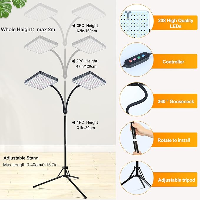 FECiDA 2026 2Head Grow Lights with Upgraded Stand Big Coverage Grow Lights for Indoor Large Plants Bonsai Tree 4/8/12/16/20 Hr Timer 50 Watt Power Draw NO Need Adapter 24-76 Height Adjustable