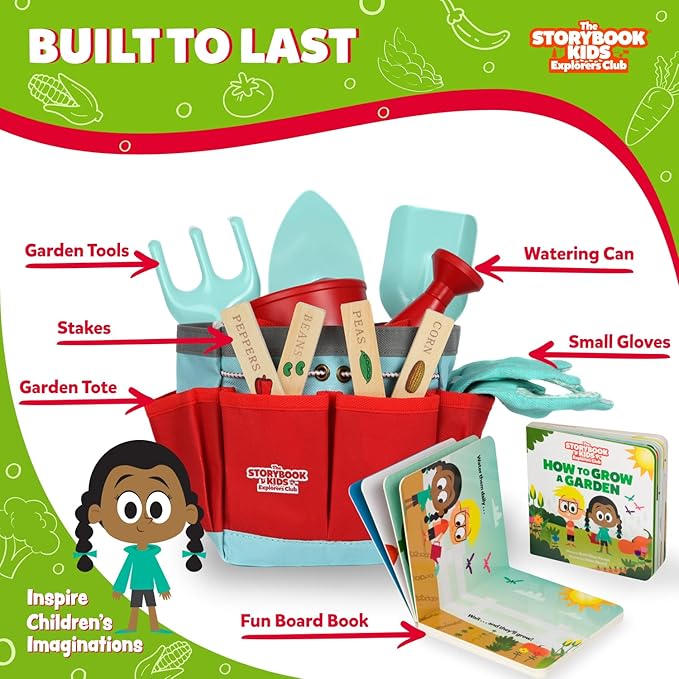 Matching Board Book - Red Kids Gardening Tools Set Includes Sturdy Tote Bag Watering Can Shovel Rake and Trowel - Garden Storybook - Kids Garden Tools- Easter Gifts for Toddler Age on up.