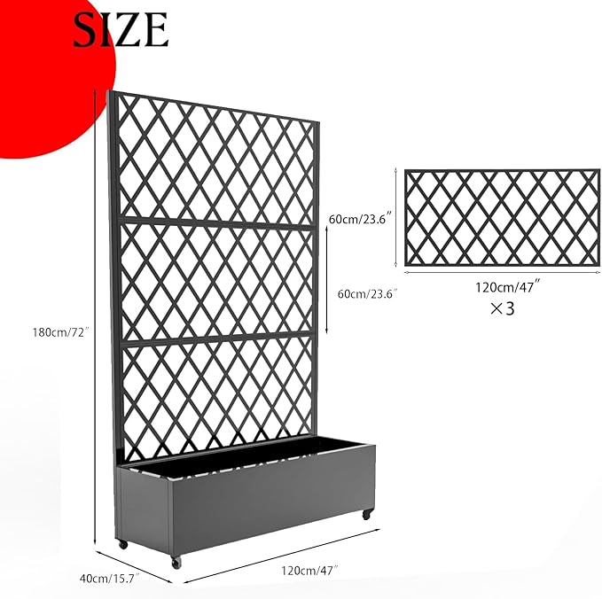 Outdoor Metal Privacy Screen with Trellis &amp Planter Box – 72 x 47 3-Panel Raised Garden Bed on Wheels with Drainage Patio Divider for Climbing Plants &amp Vegetables Black Wheeled - Diagonal