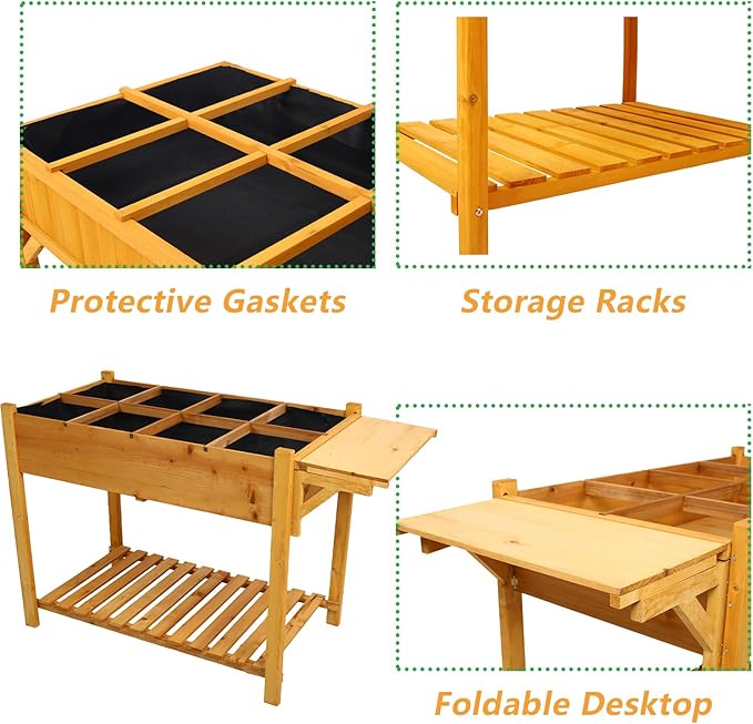 8 Pockets Horticulture Raised Garden Bed Elevated Wood Planter Box Stand with Foldable Side Table and Storage Shelf for Herb/Vegetables/Flowers