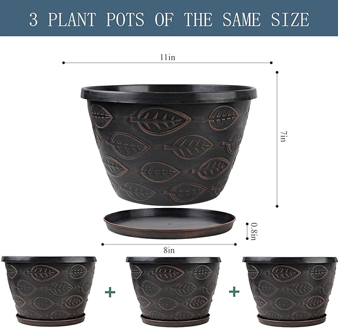 3 Pack Flower Pots Outdoor 11 Inch Plant Pots Indoor Large-Plastic-Plant-Flower-Planters-Pots with Drainage Hole &amp Tray Modern Decorative Garden Pot with Saucer(Brown)