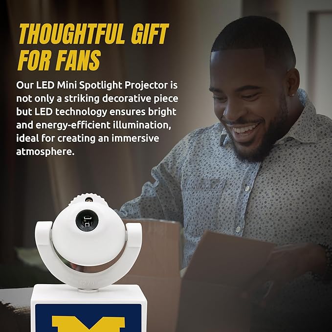 Sporticulture NCAA American Football Michigan - Adjustable Led Mini Spotlight Projector with 6 Team Logo Designs - Portable &amp Rechargeable Spotlight - Battery-Operated - 4.375” x 3.125”