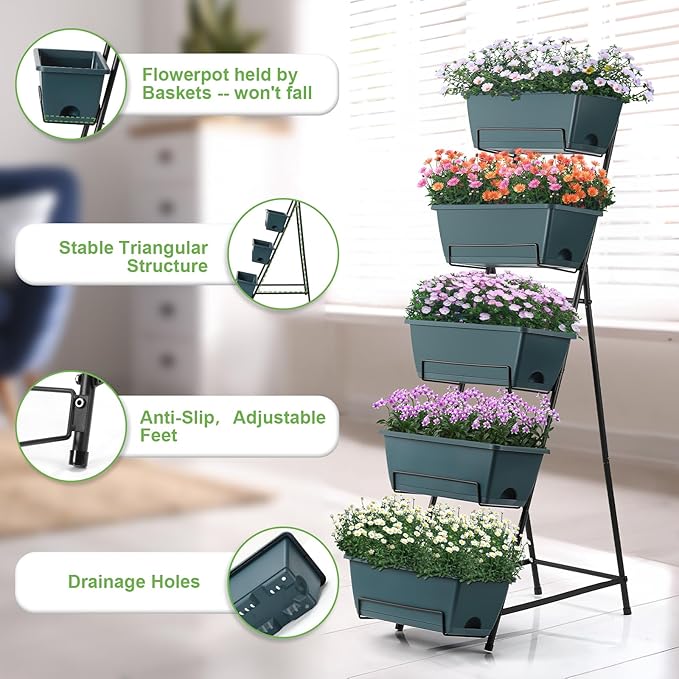 5 Tier Vertical Raised Garden Bed Planter Box Vertical Raised Bed with Drainage Holes for Indoor Outdoor Herbs Flowers Vegetables PlantsGreen