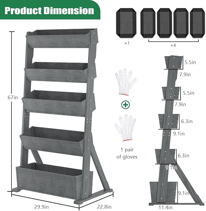 SUNYRISY 5 Tiers Vertical Raised Garden Bed Outdoor Planter Tower Wooden Freestanding Planter Box for Planting Herbs Flowers Vegetables Backyard Patio Balcony Indoor Outdoor Gardening Grey