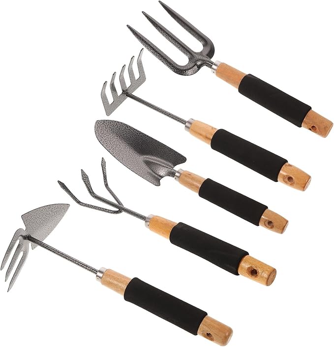 Housoutil 5pcs Ergonomic Garden Tool Set with Practical Shovels and Rake Outdoor Hand Tools with Storage Rack for Planting and Soil Digging