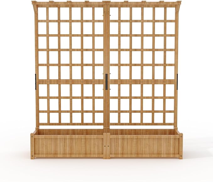Two-Tier Wooden Planter Box with Trellis for Outdoor Gardens Elevated Raised Bed for Flowers and Vegetables 1.4Ft Deep Planter with Hanging Roof &amp Drainage Holes
