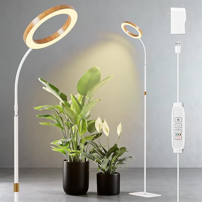 One Head Grow Light for Indoor Plants Full Spectrum - Floor Standing Plant Lamp with Auto Timer 6/12/18H 5-Level Dimmable &amp Adjustable Height 16.5-68in for Large Tall Plants |Faux Wood Design