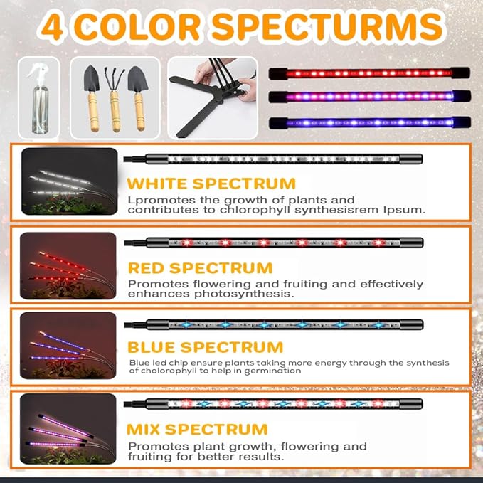 Grow Lights for indoor Plants full Spectrum 6000k with Timer Clip V-Stand &amp Tools Kit 3 Flexible Gooseneck Plant Grow Lights with Mist Bottle 3/9/12H Auto Timer 4 Switch Modes &amp10 Dimmabl