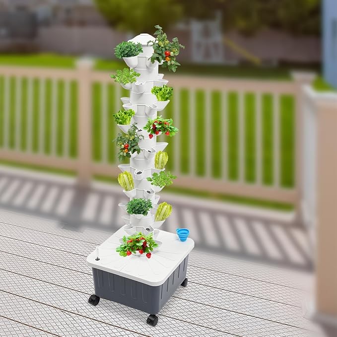 Hydroponic Growing Tower Set Vertical Vegetable Plant Tower w/Seedling Box Water Level Gauge &amp Fan Water Injection Design for Gardening Enthusiasts (50-Hole)