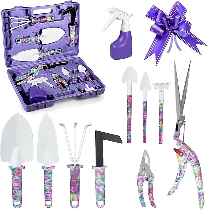 10-Piece Garden Tool Set for Women Heavy Duty Gardening Kit with Floral Handle Purple Storage Case Includes Trowel Shears Rake Sprayer - Ideal Gift for Female Gardeners