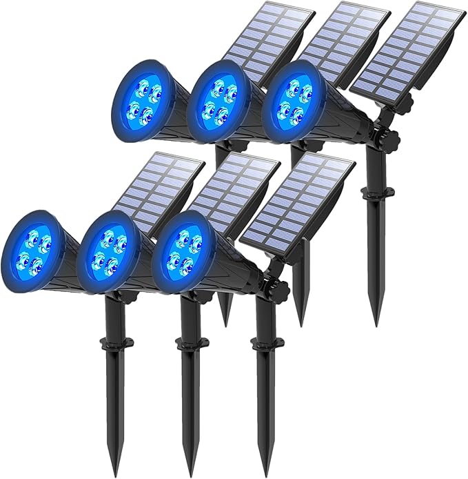 T-SUNUS Blue Spotlight 6 Pack IP65 Waterproof Solar Lights Auto-on/Off Security Landscape Light 180° Angle Adjustable Wall Light for TreePatioYardGardenDrivewayPool Area
