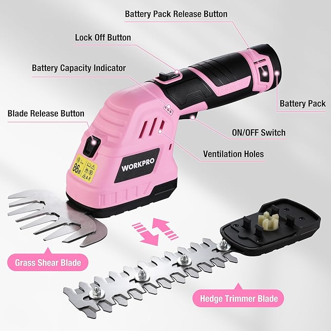 WORKPRO 7-Piece Pink Garden Tool Set Stainless Steel Gardening Tools with Wood Handle &amp 2 in 1 Handheld Hedge Trimmer