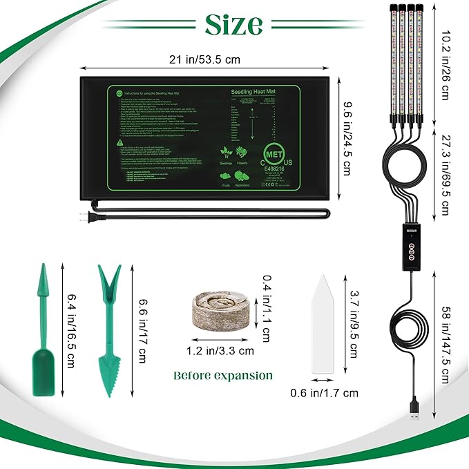 2 Set Seed Starter Kit 40-Cell Seed Starter Tray with Grow Light Full Spectrum Seedling Heat Mat 40 Peat Pellets Seed Starting Soil Plant Label Garden Tool for Germination Seeds Growing Black