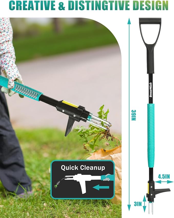 Breeze Touch 39 Weed Pulling Tool 3-Claw Detachable Weed Puller Tool with Long Handle Heavy Duty Stand Up Weeder Weeding Tool for Lawn Yard Garden Crabgrass Dandelion Picker Weed Remover