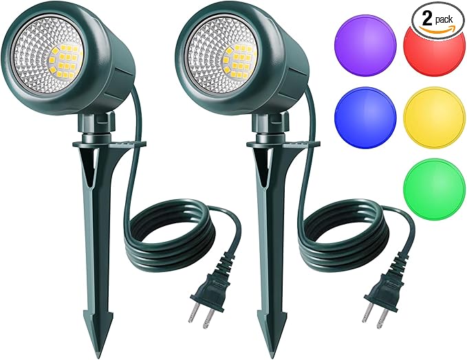Halloween Spotlights Outdoor 120V Plug-in Christmas Spot Light 5000K LED Landscape Lighting with 5 Color Lenses (Red Green Blue Purple Yellow) IP67 Waterproof 2 Pack